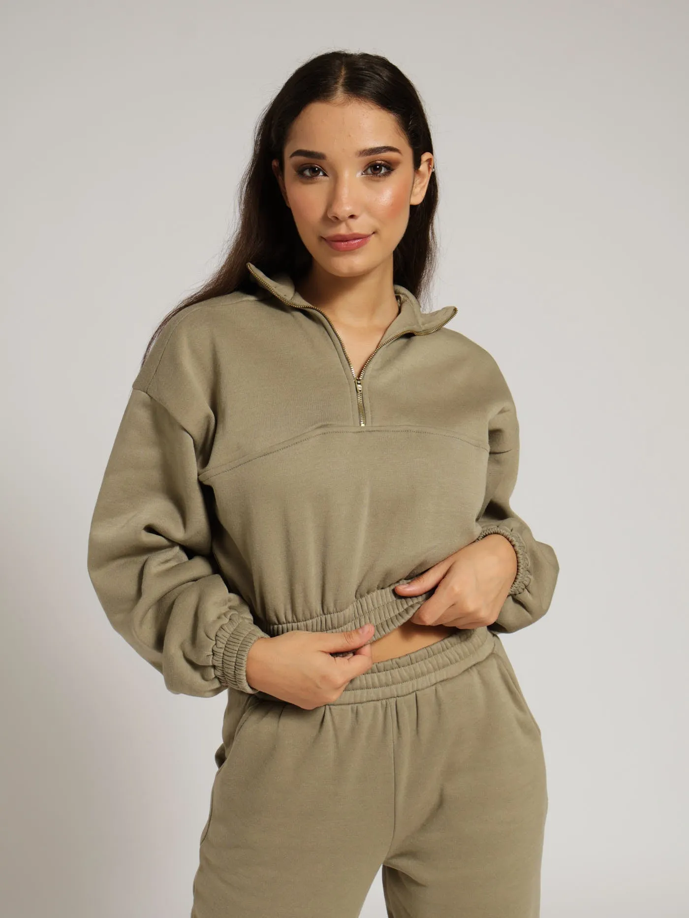 1/4 Zip Drawstring Hem Pullover - Fatigue