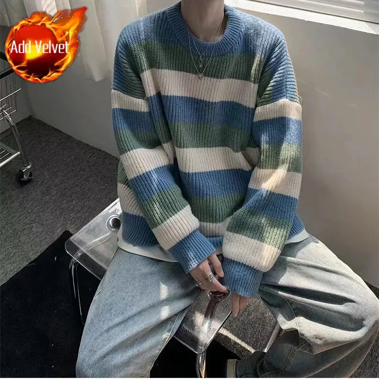 Aidase Warm Knitwear Thick Striped Men's Knit Sweater Fleeced Crewneck Round Collar Pullovers Male Vintage Long Sleeve Streetwear