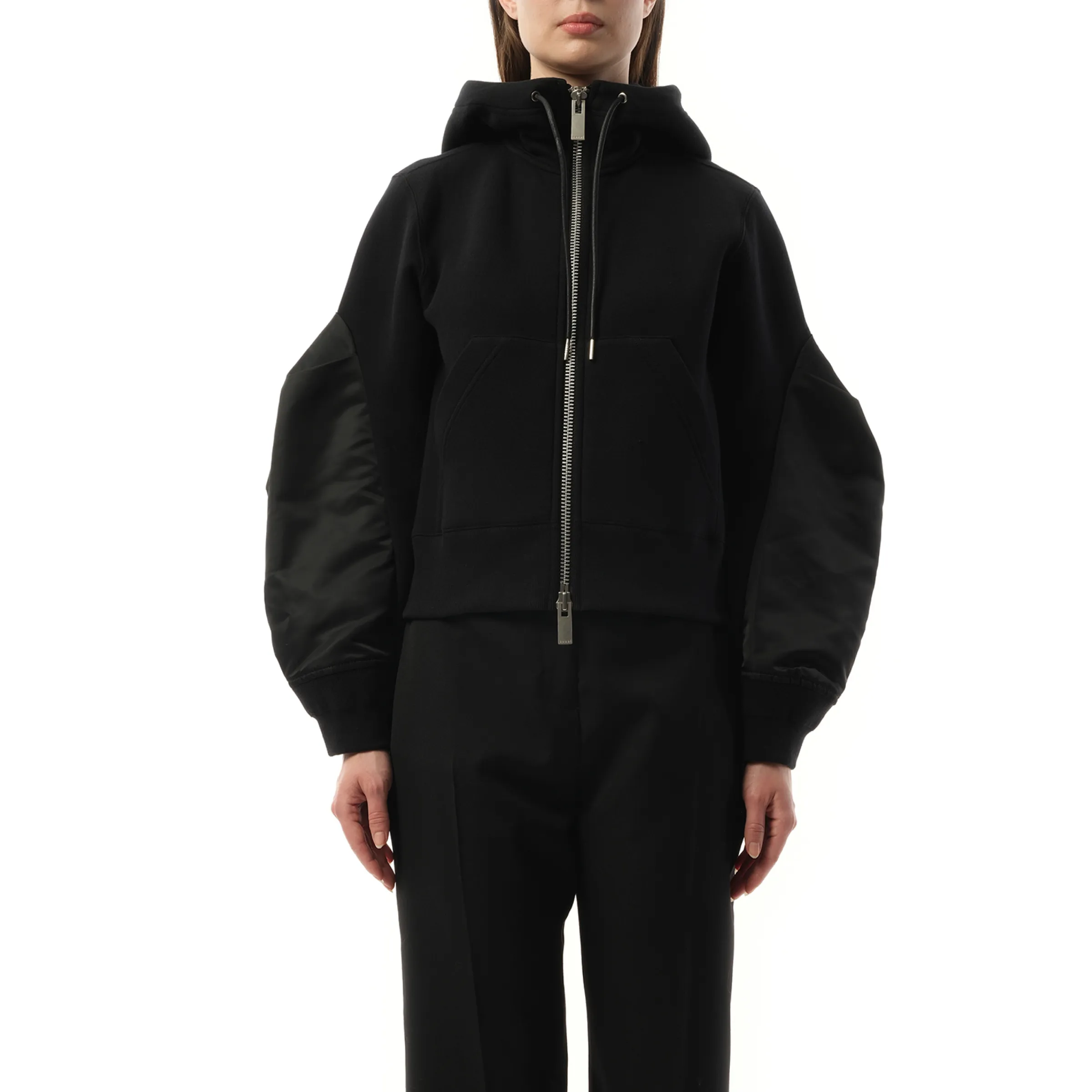 Big Sleeve Nylon Twill x Sponge Sweat Hoodie in Black