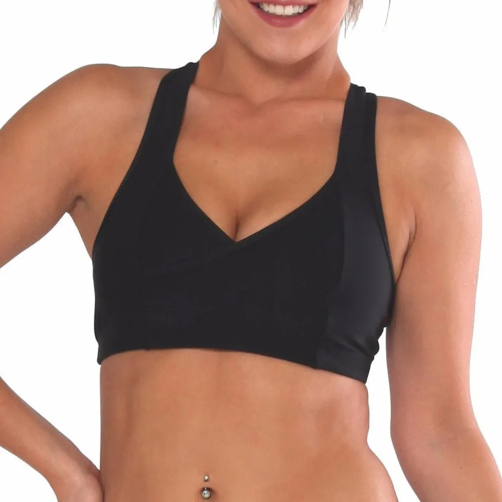 BK39 Matt Black & Mesh Contrast V Wrap Crop Top