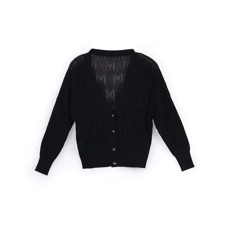 Black Short Hollow Knit Cardigans Sweaters