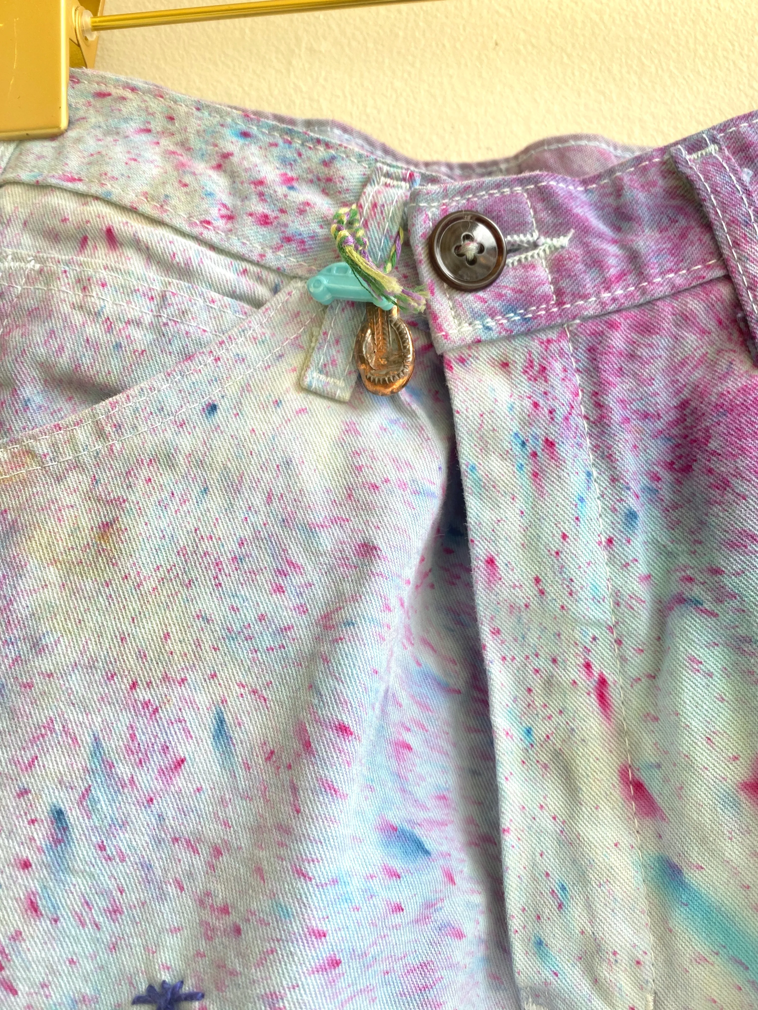 Blue & Pink Star Embroidered Splatter Dyed Pants w/ Cracker Jack Charm (Reworked)