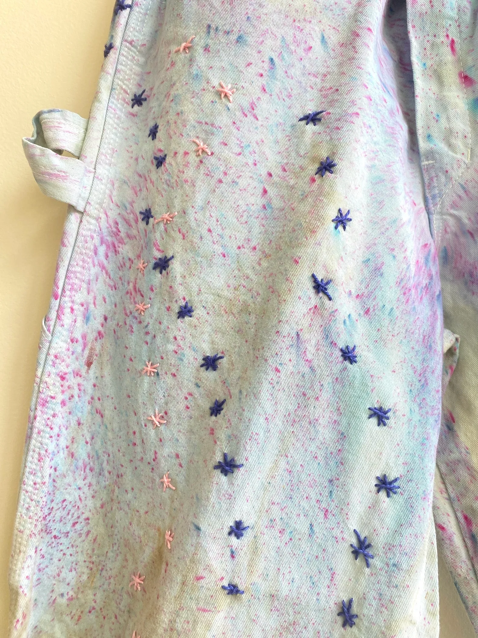 Blue & Pink Star Embroidered Splatter Dyed Pants w/ Cracker Jack Charm (Reworked)