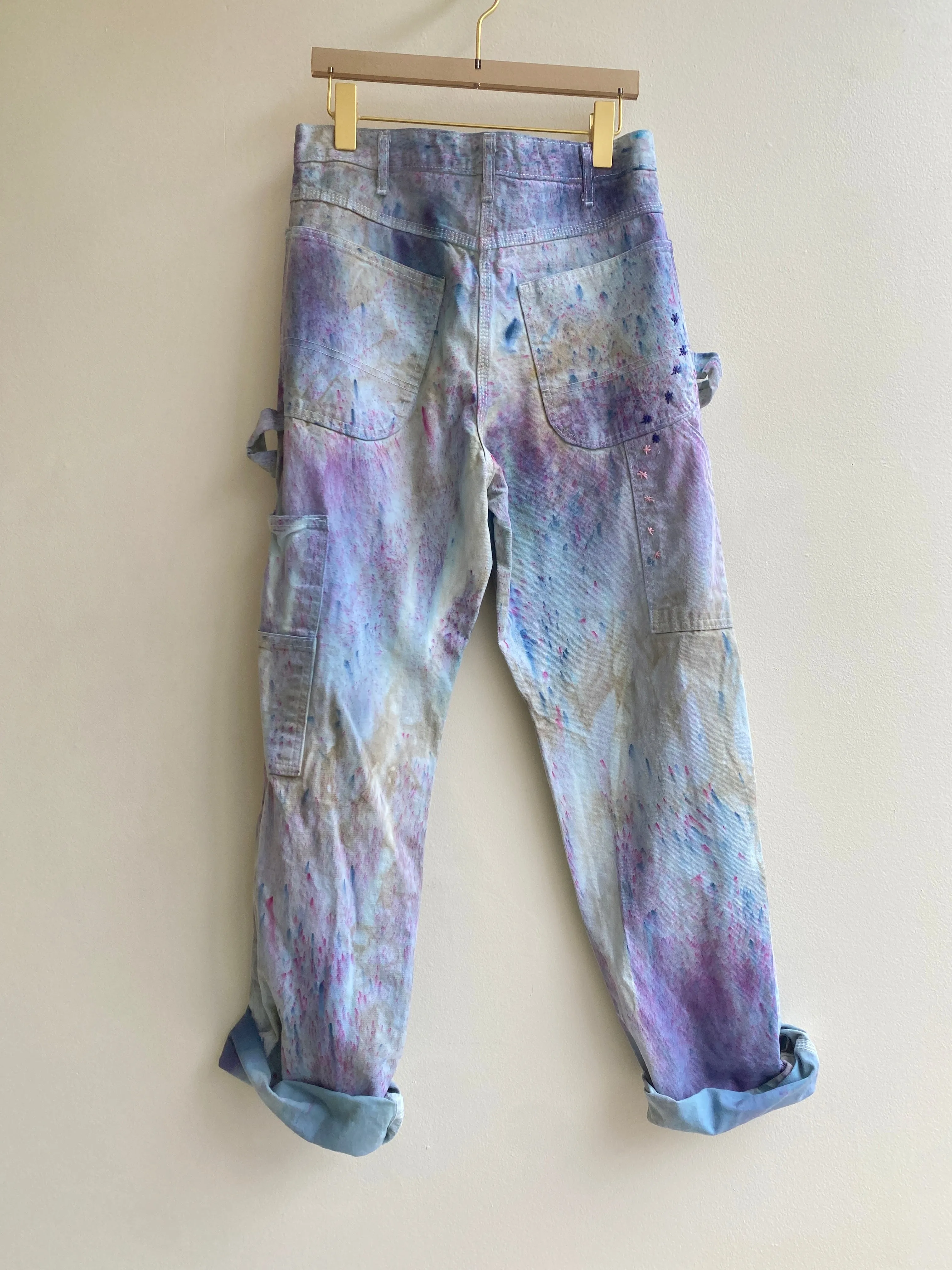 Blue & Pink Star Embroidered Splatter Dyed Pants w/ Cracker Jack Charm (Reworked)