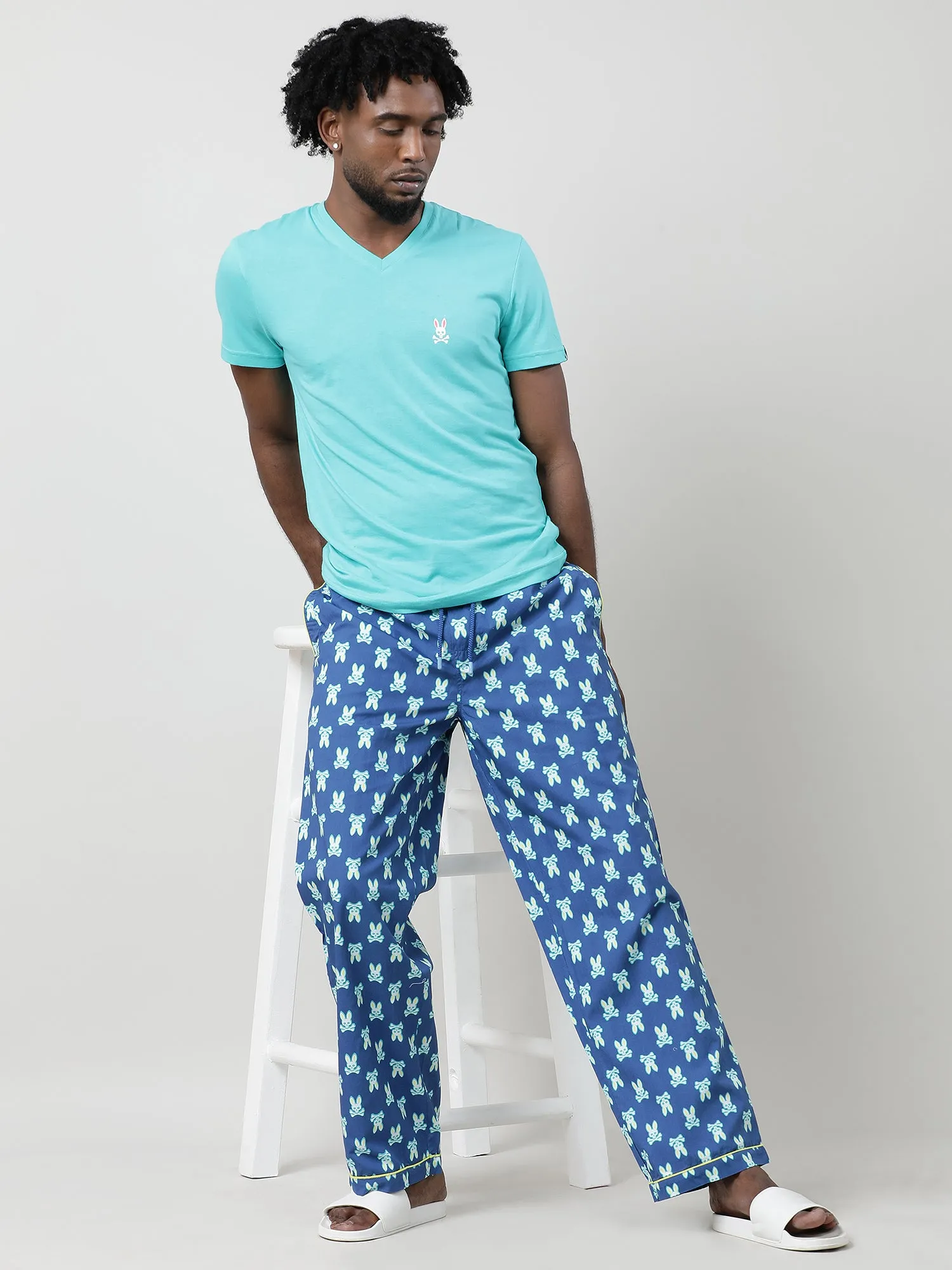 Blue Cotton Ankle Length Lounge Pants