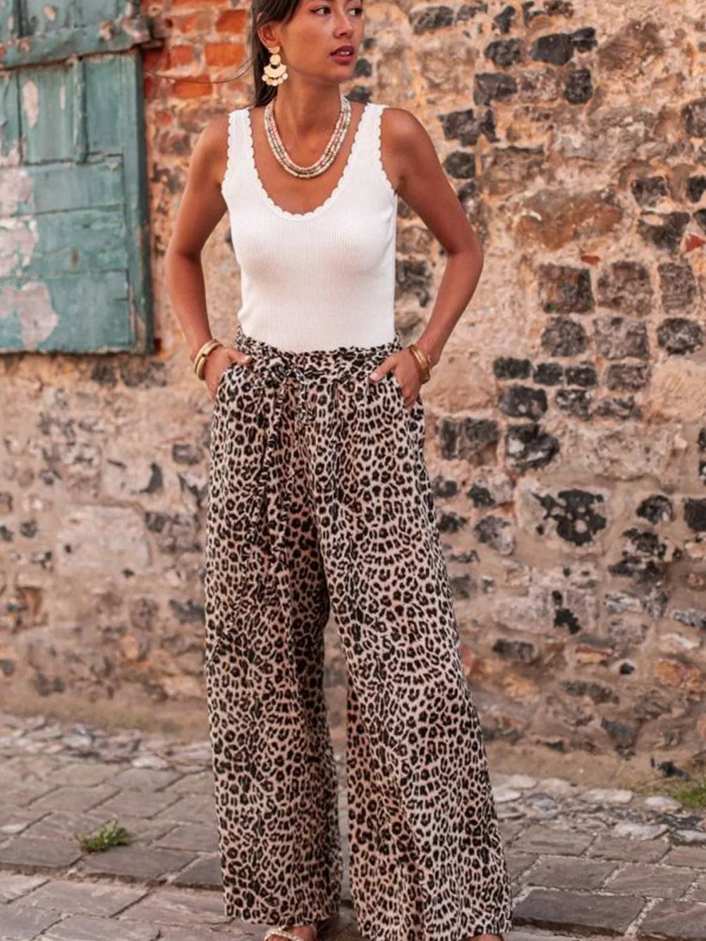 Bohemian Desert Palm Leopard Wide Leg Trousers