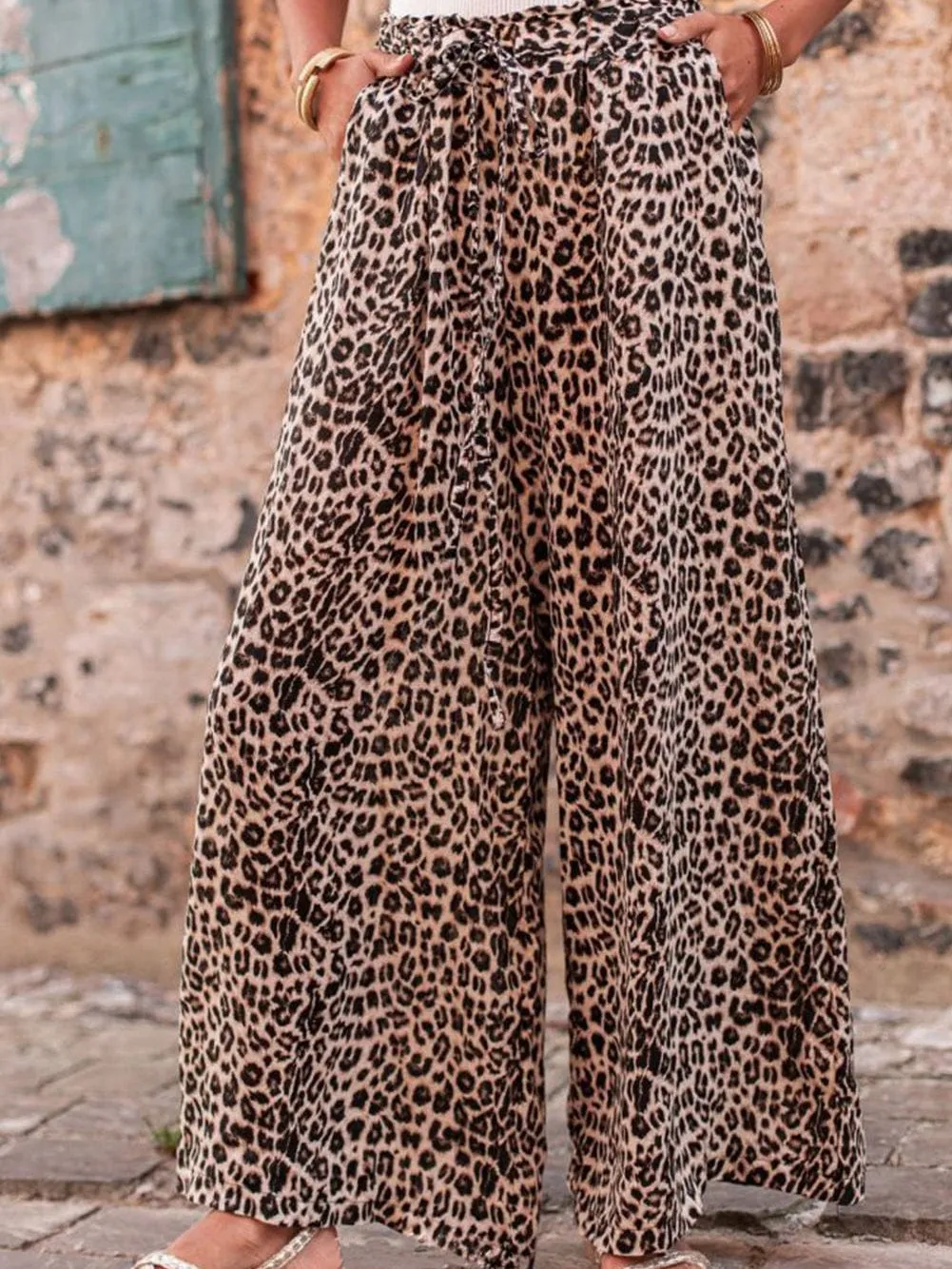 Bohemian Desert Palm Leopard Wide Leg Trousers