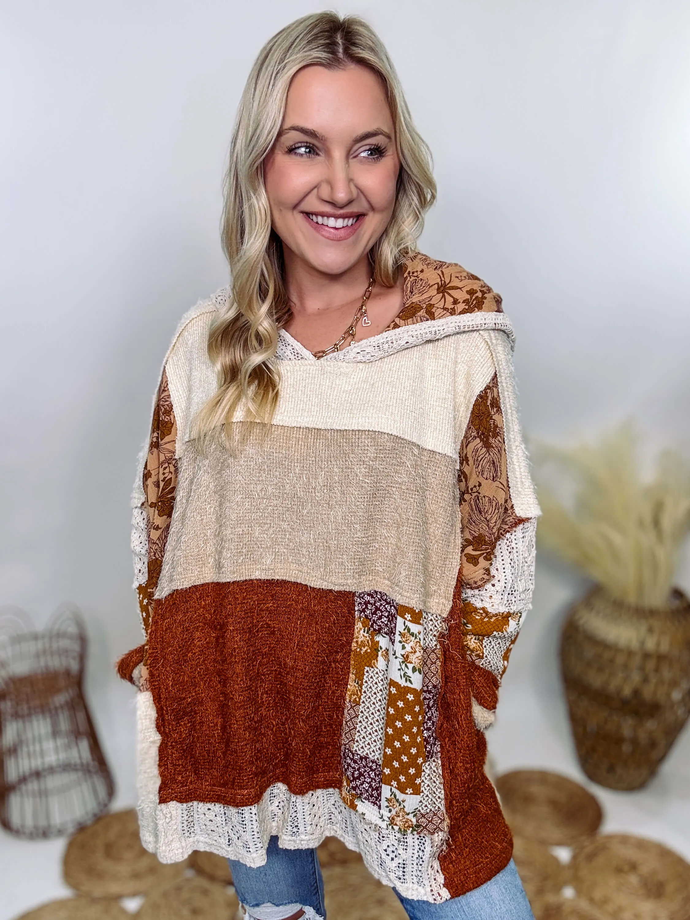 Boho Patchwork Oversized Hoodie with Lace and Floral Details by Oli & Hali