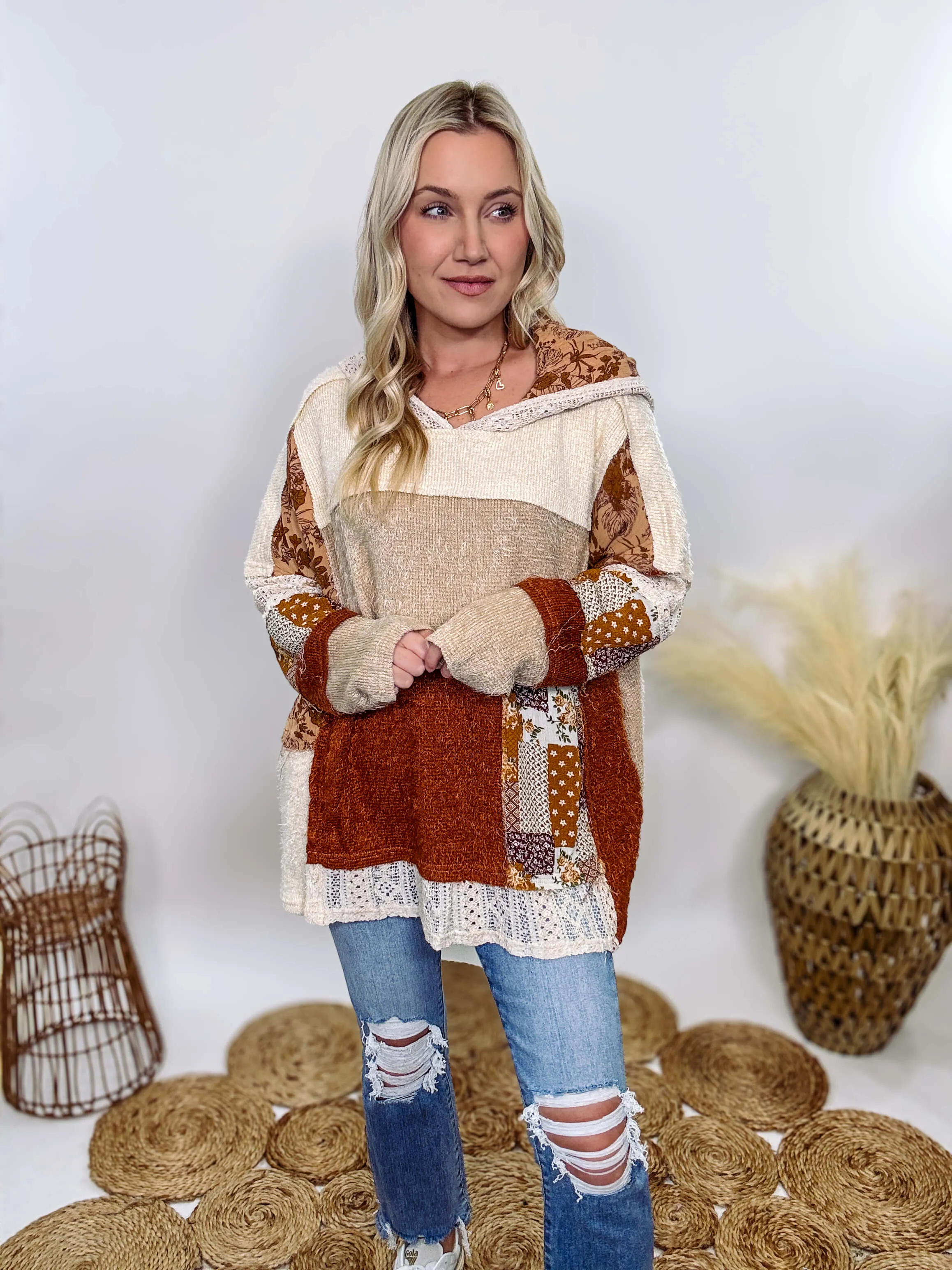 Boho Patchwork Oversized Hoodie with Lace and Floral Details by Oli & Hali