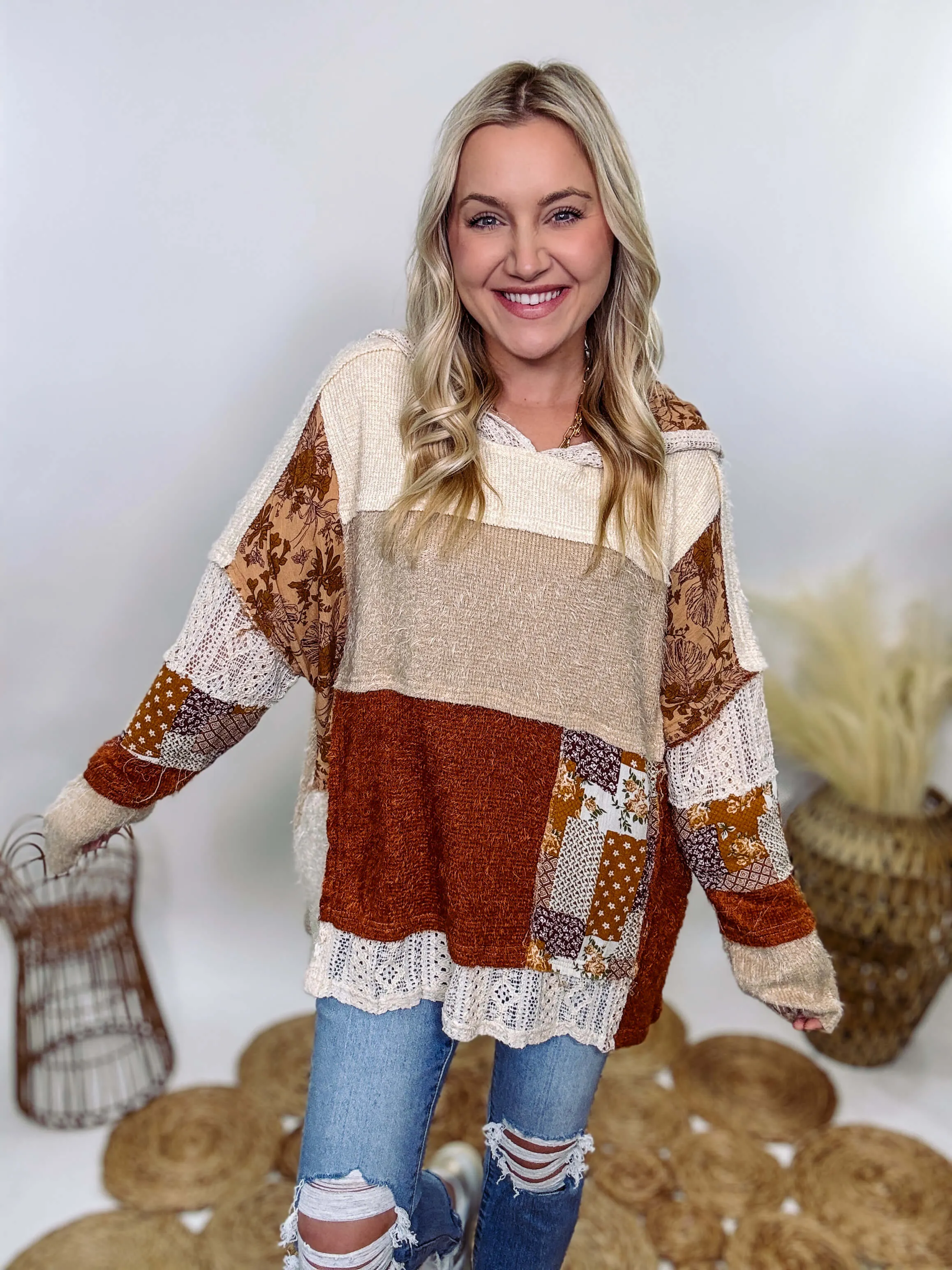 Boho Patchwork Oversized Hoodie with Lace and Floral Details by Oli & Hali