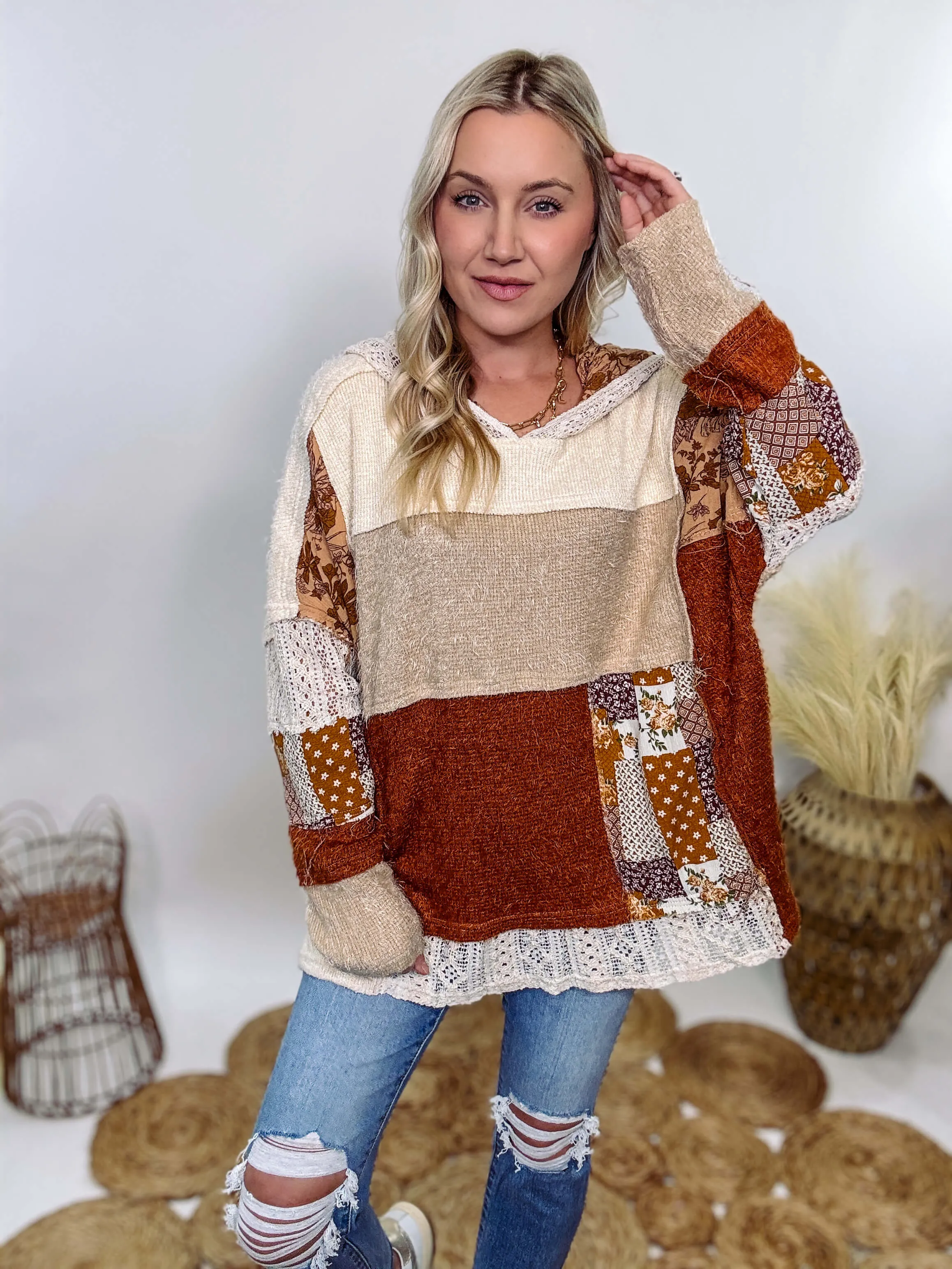 Boho Patchwork Oversized Hoodie with Lace and Floral Details by Oli & Hali