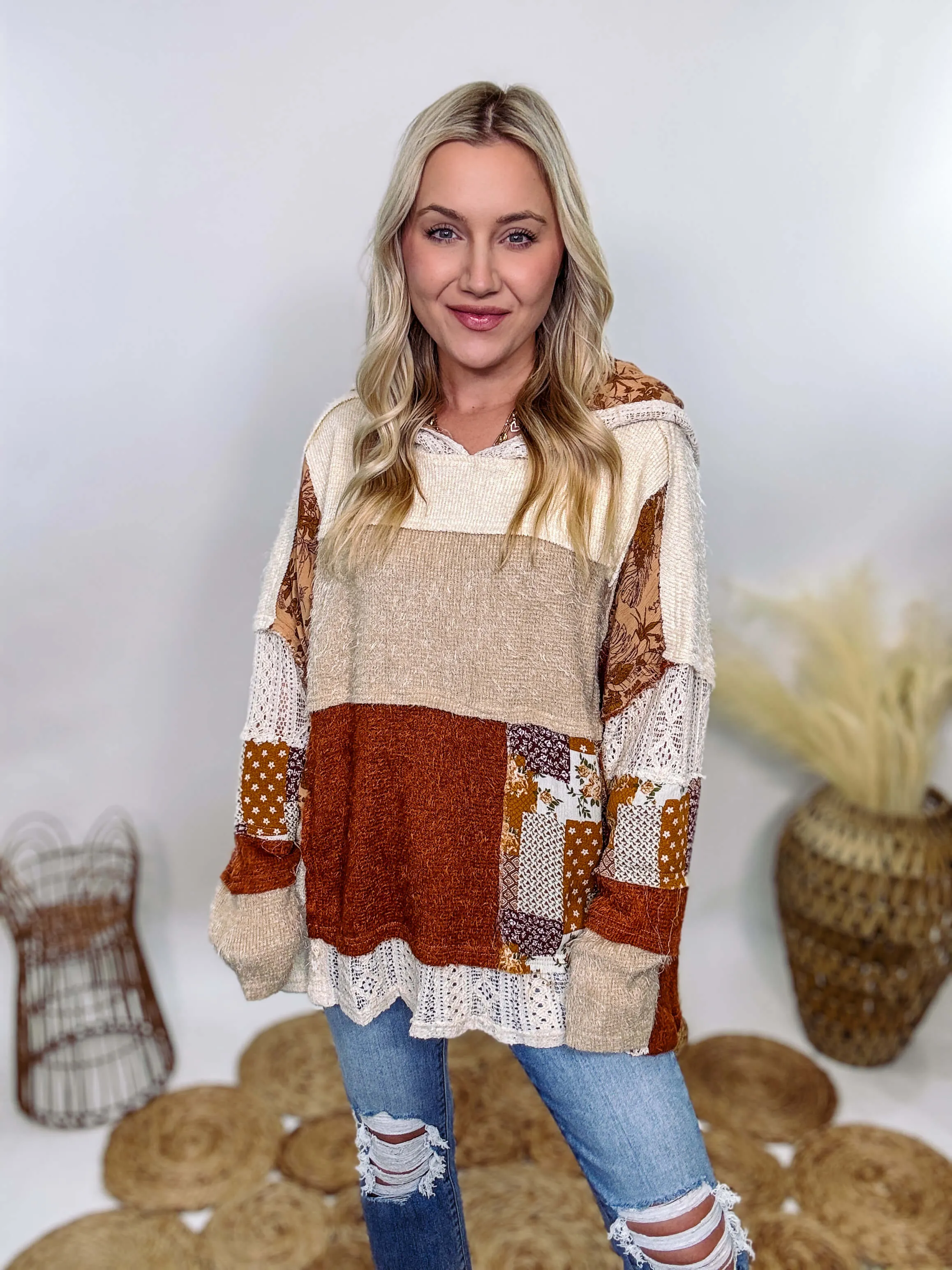 Boho Patchwork Oversized Hoodie with Lace and Floral Details by Oli & Hali