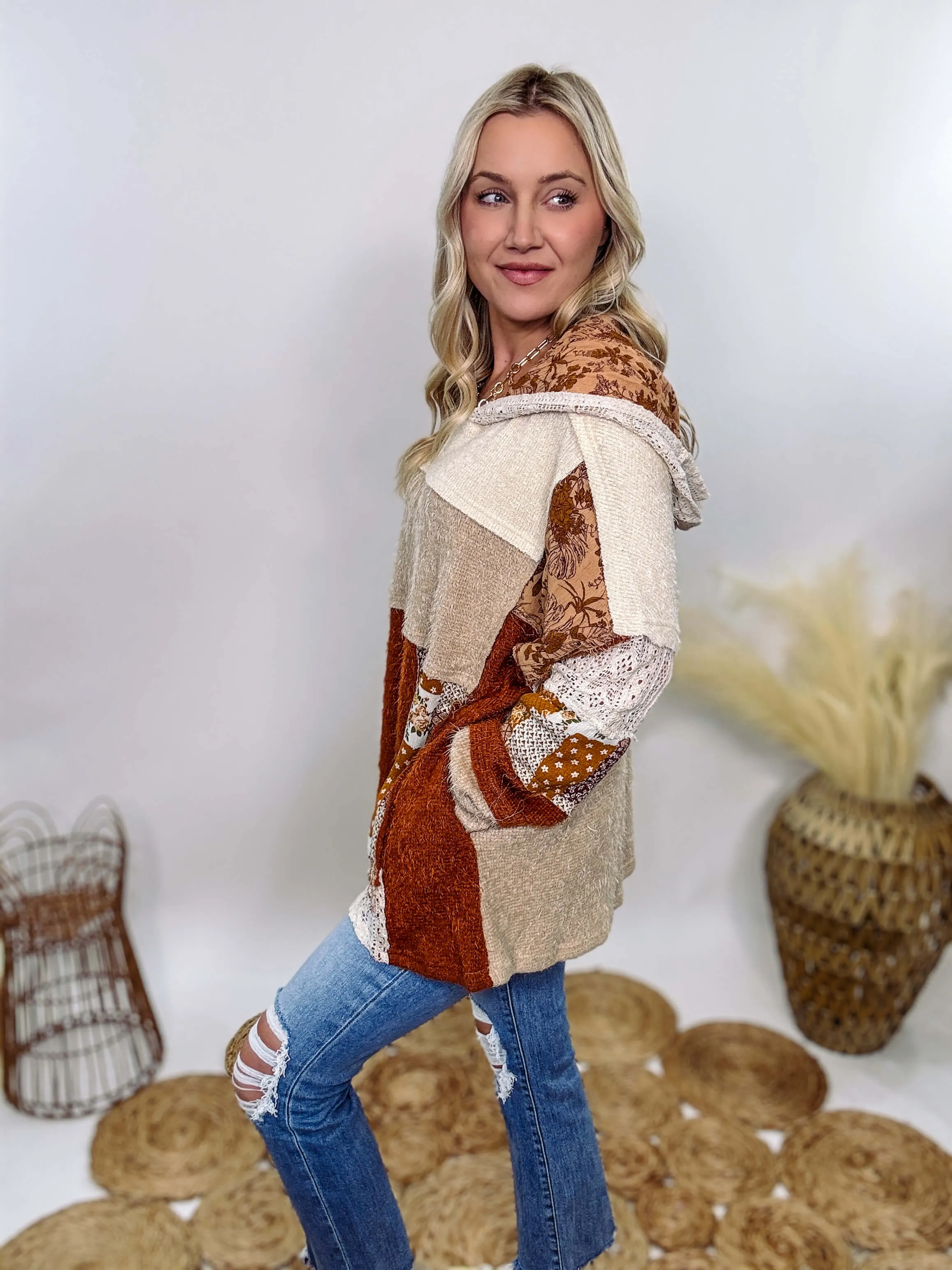 Boho Patchwork Oversized Hoodie with Lace and Floral Details by Oli & Hali