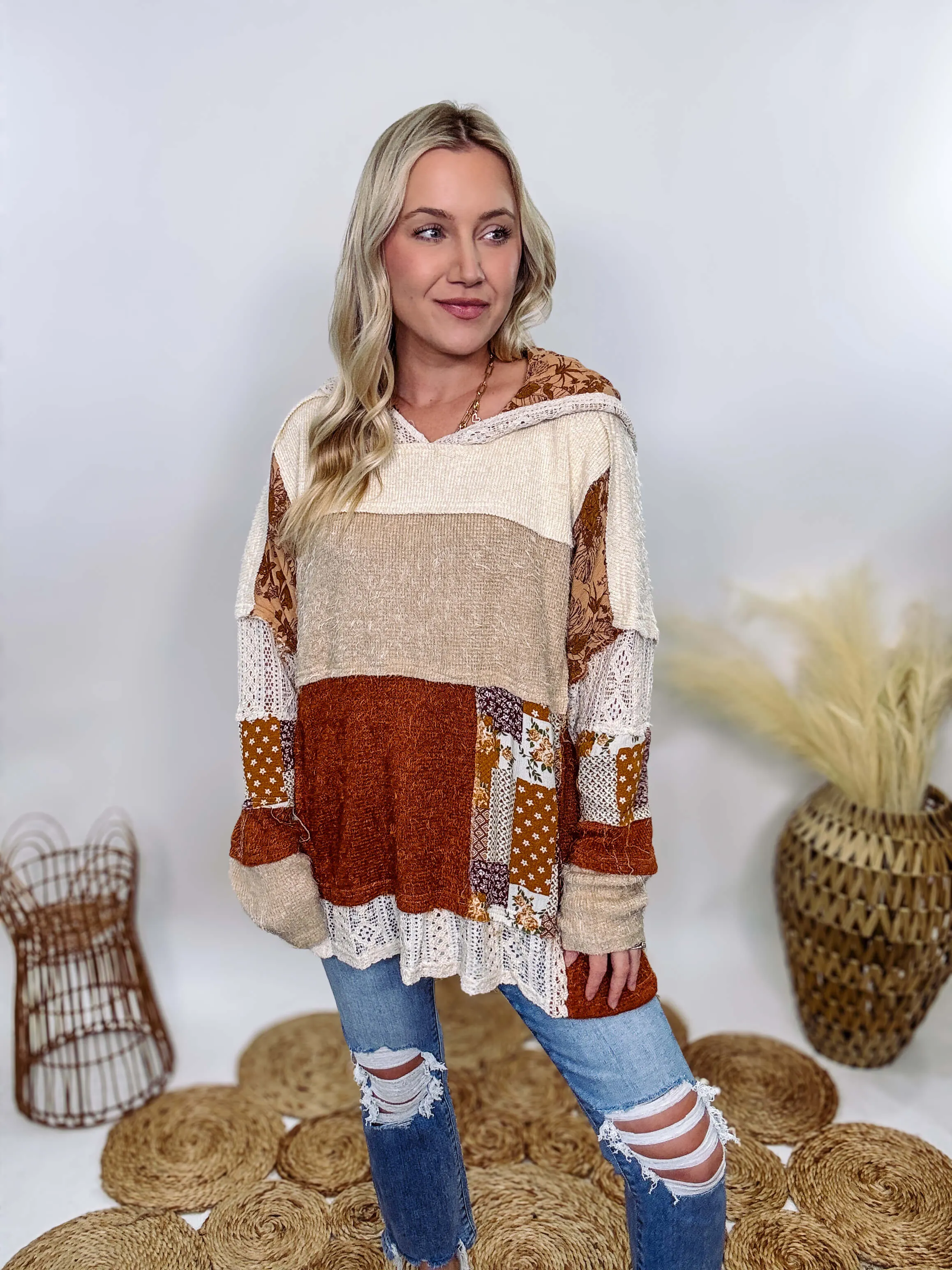 Boho Patchwork Oversized Hoodie with Lace and Floral Details by Oli & Hali