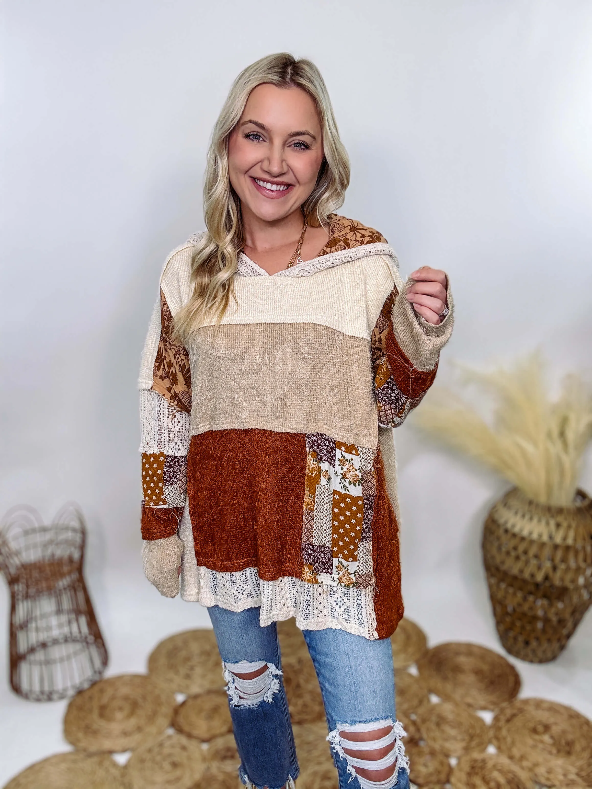 Boho Patchwork Oversized Hoodie with Lace and Floral Details by Oli & Hali