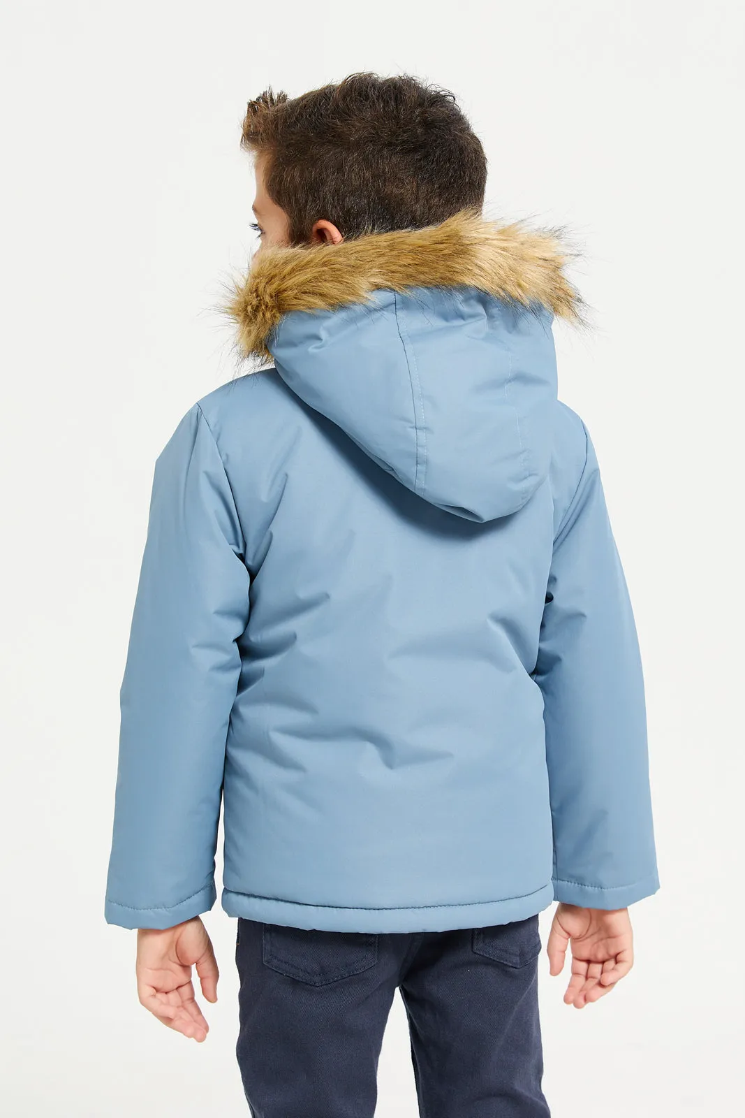 Boys Blue Padded Fur Hooded Jacket