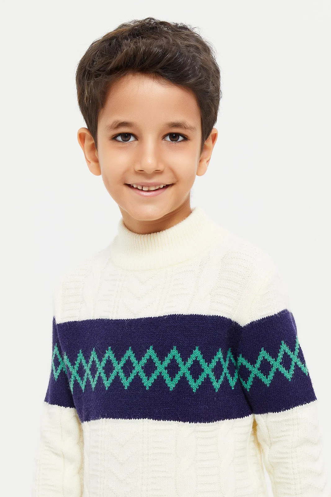 Boys Cream Cable Turtle Neck Jumper