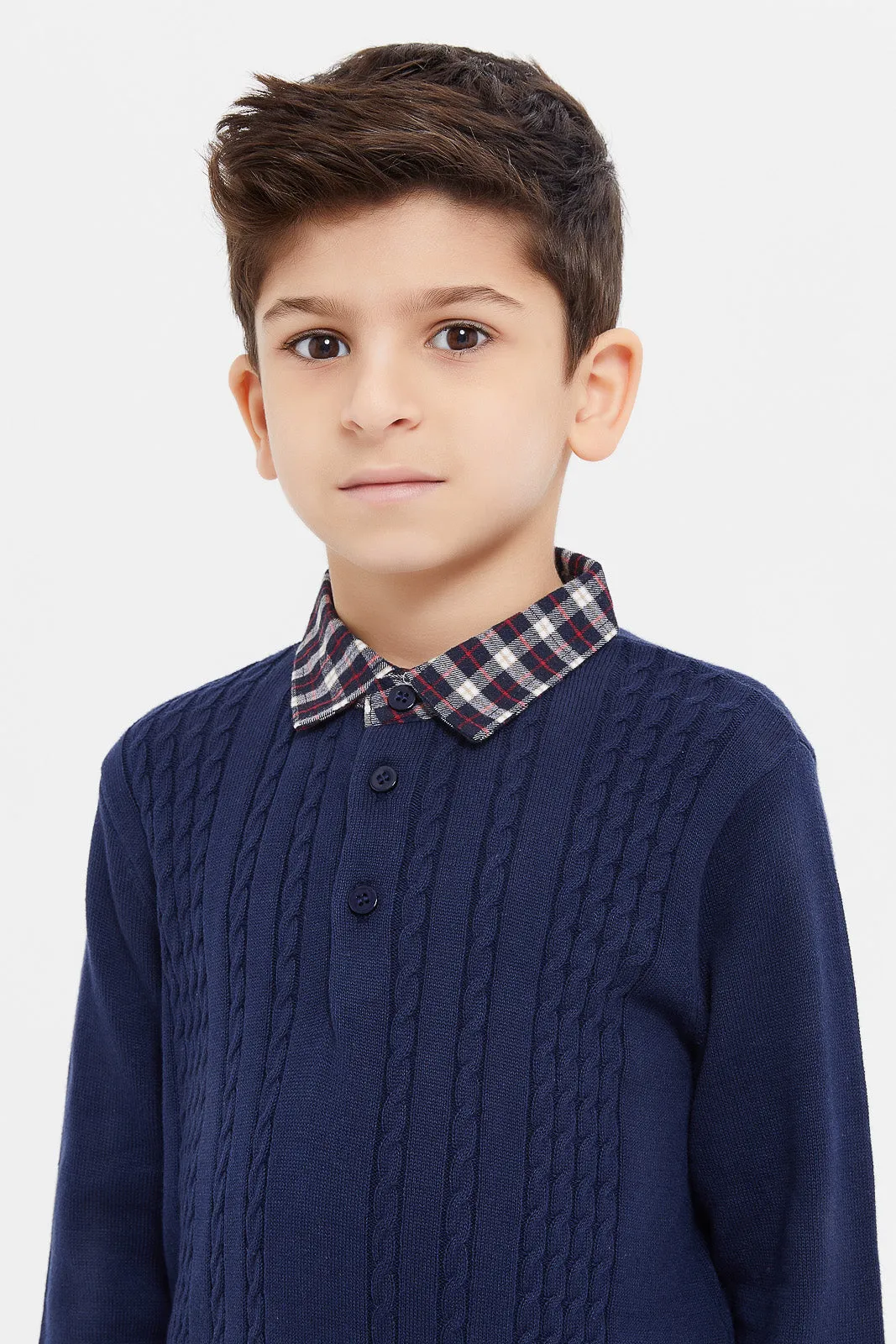 Boys Navy Checkered Collar Placket Jumper