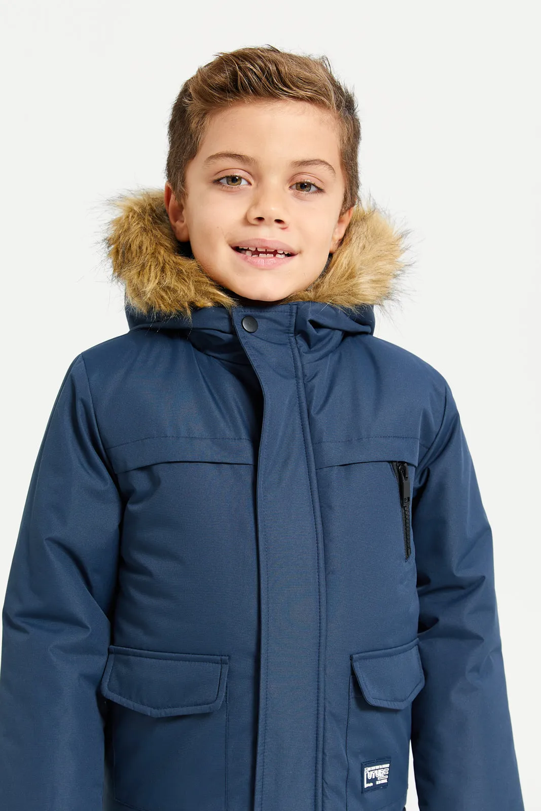 Boys Navy Fur Hooded Jacket