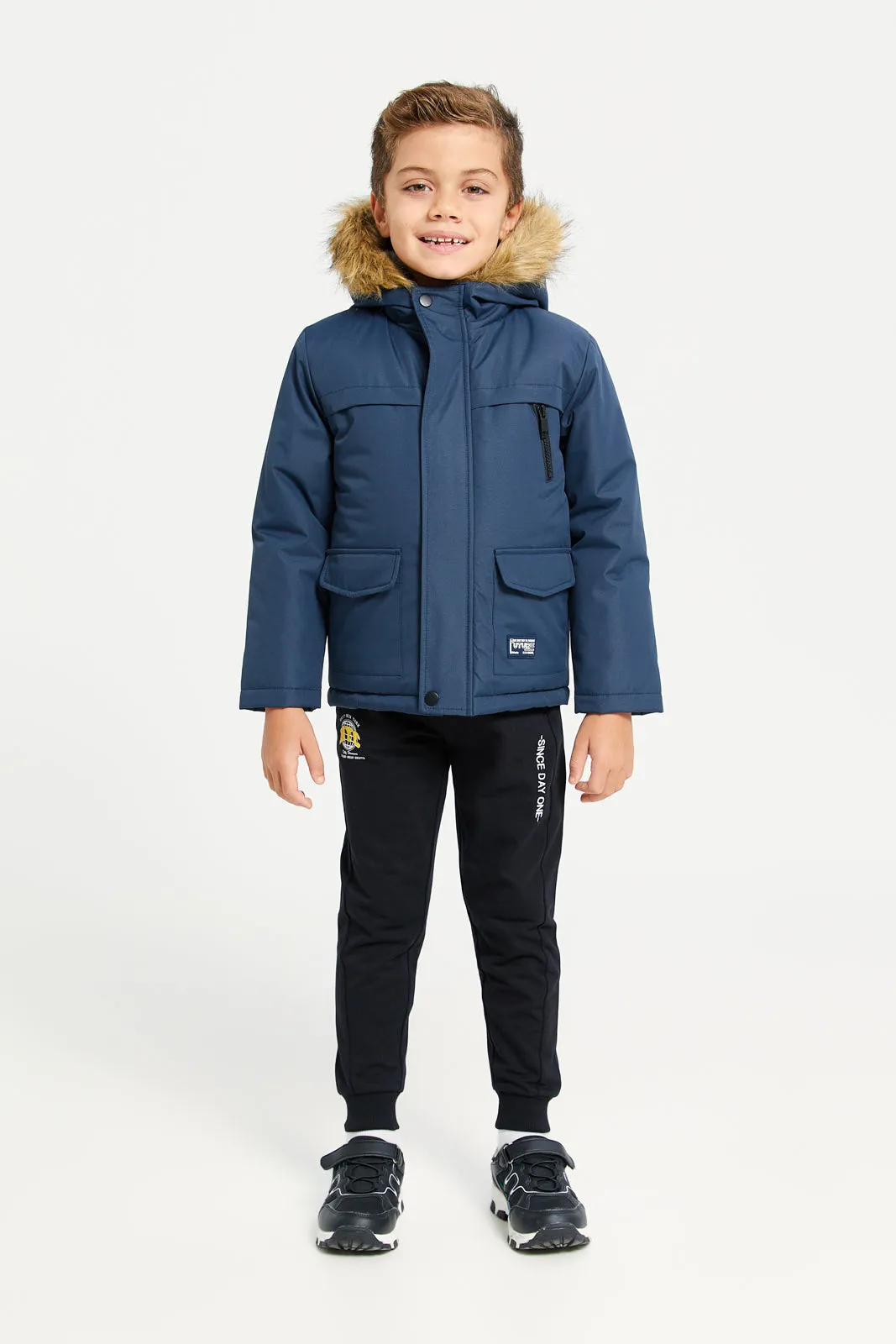 Boys Navy Fur Hooded Jacket