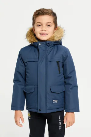 Boys Navy Fur Hooded Jacket