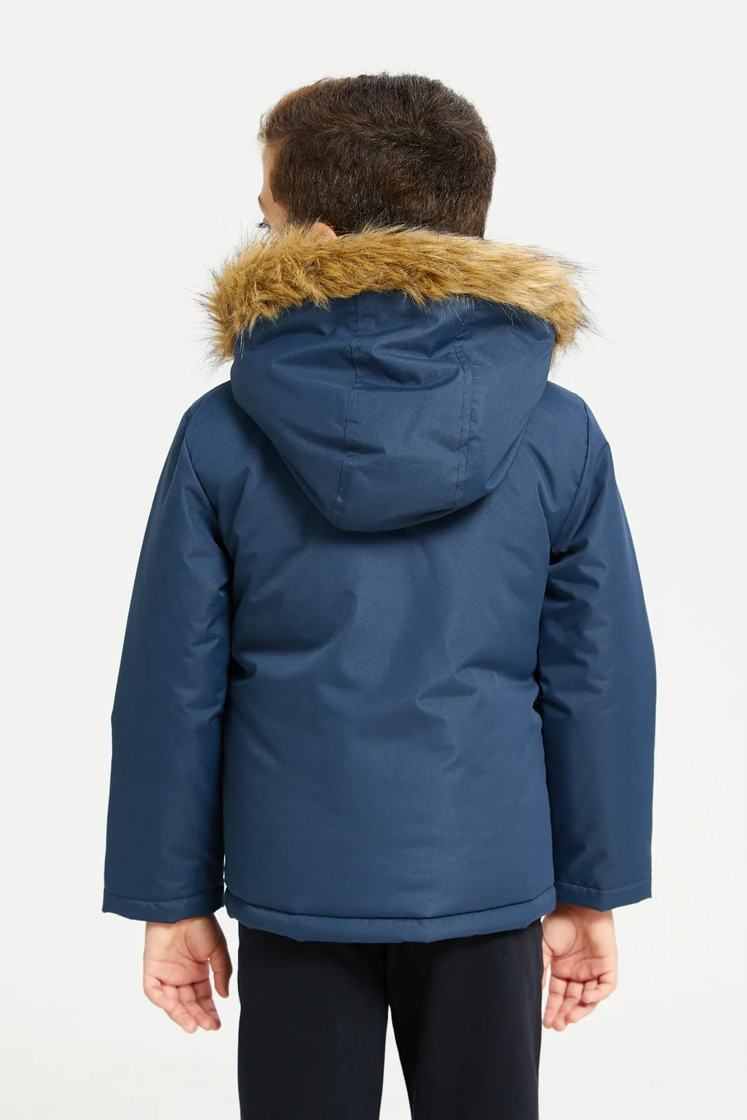 Boys Navy Fur Hooded Jacket