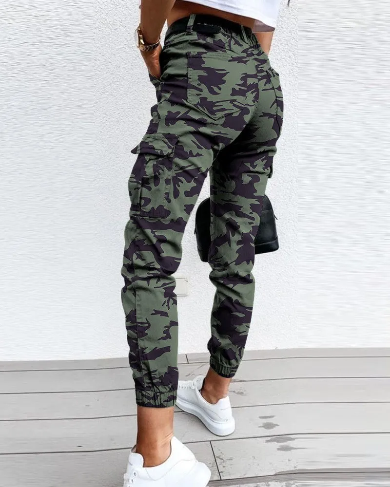 Camouflage Print Pocket Design Cuff Cargo Pants