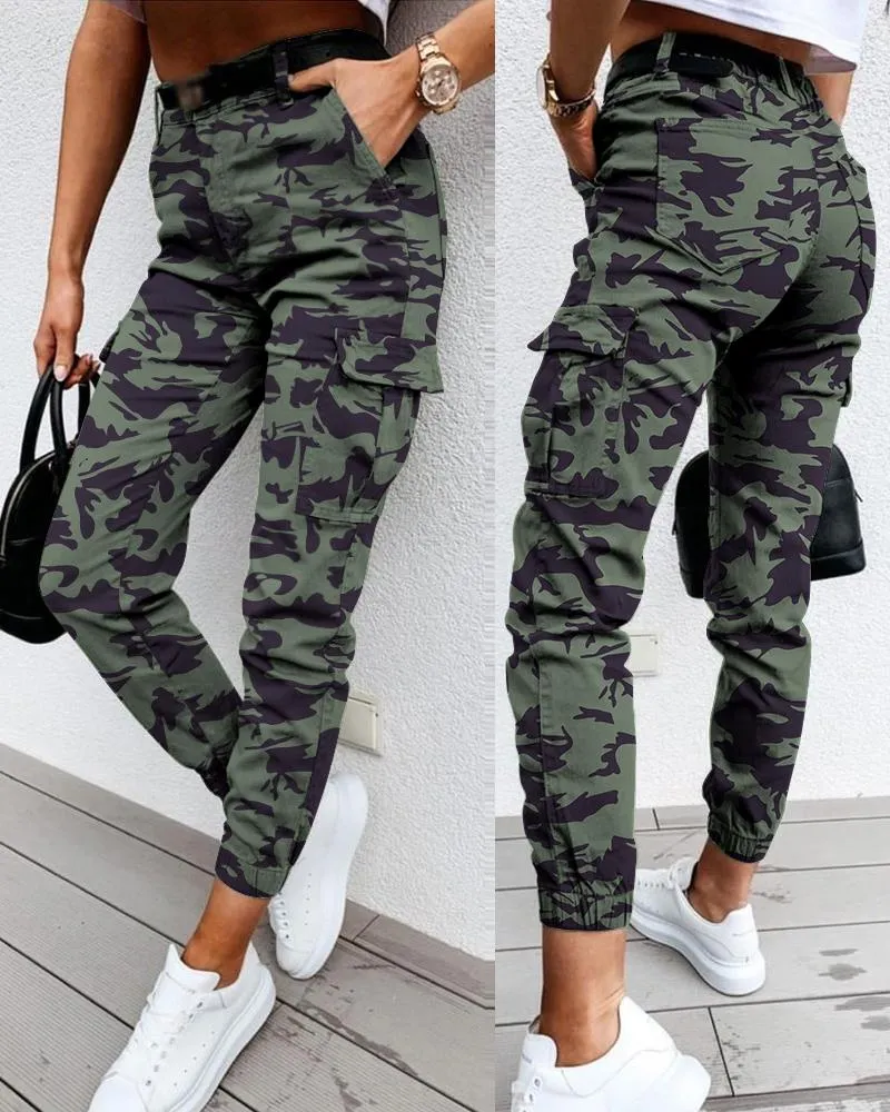 Camouflage Print Pocket Design Cuff Cargo Pants