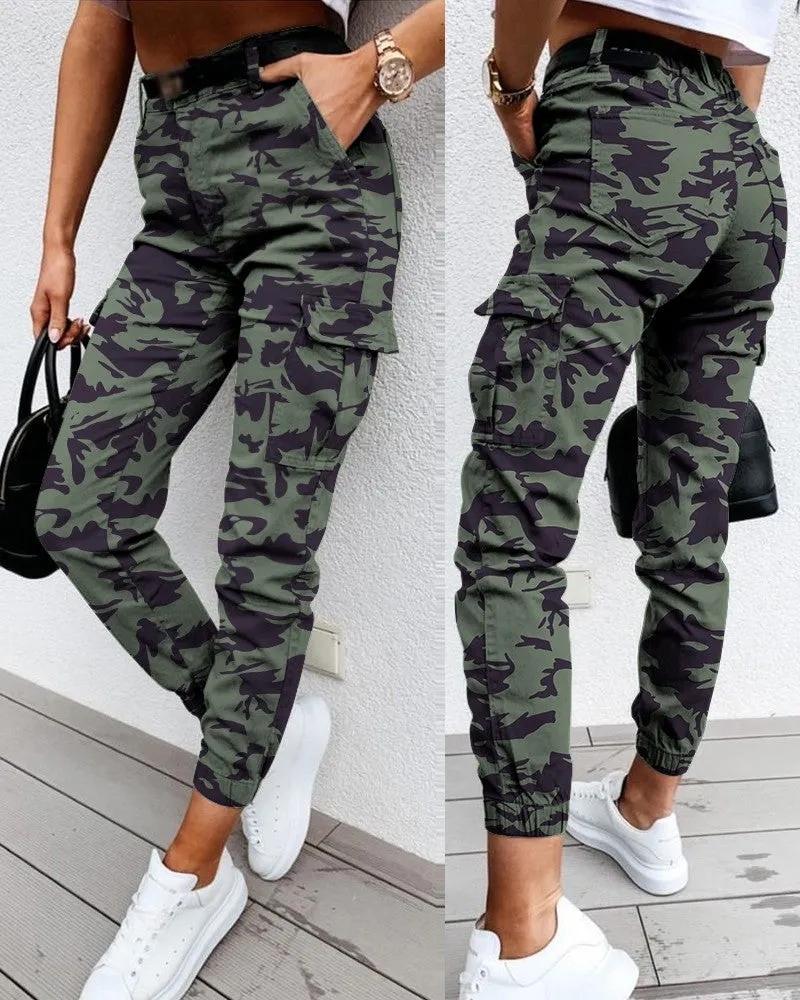 Camouflage Print Pocket Design Cuff Cargo Pants