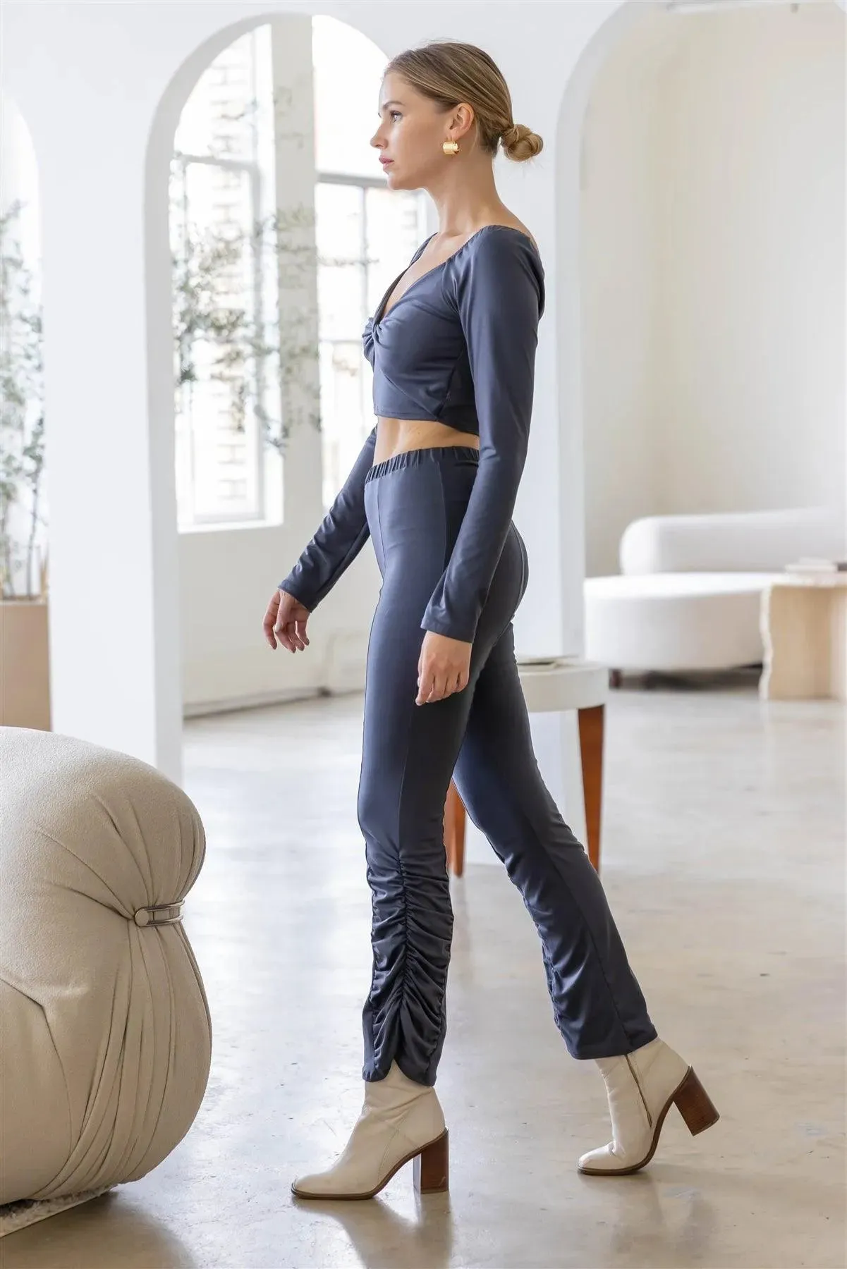 Charcoal Wrap V-Neck Top & Ruched High Waist Pants Set /3-2-1