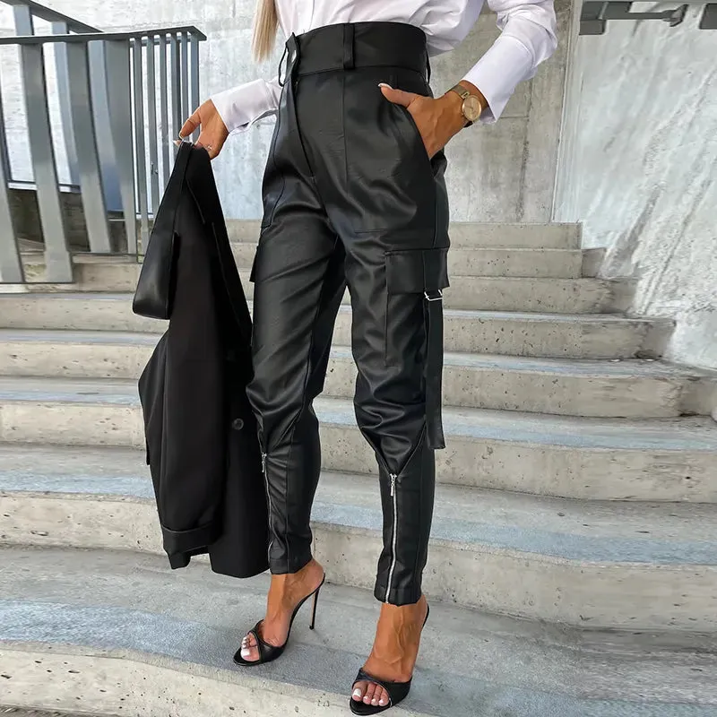 Chic Fashion Button PU Leather Pants Women Spring Bottoming Zip-up