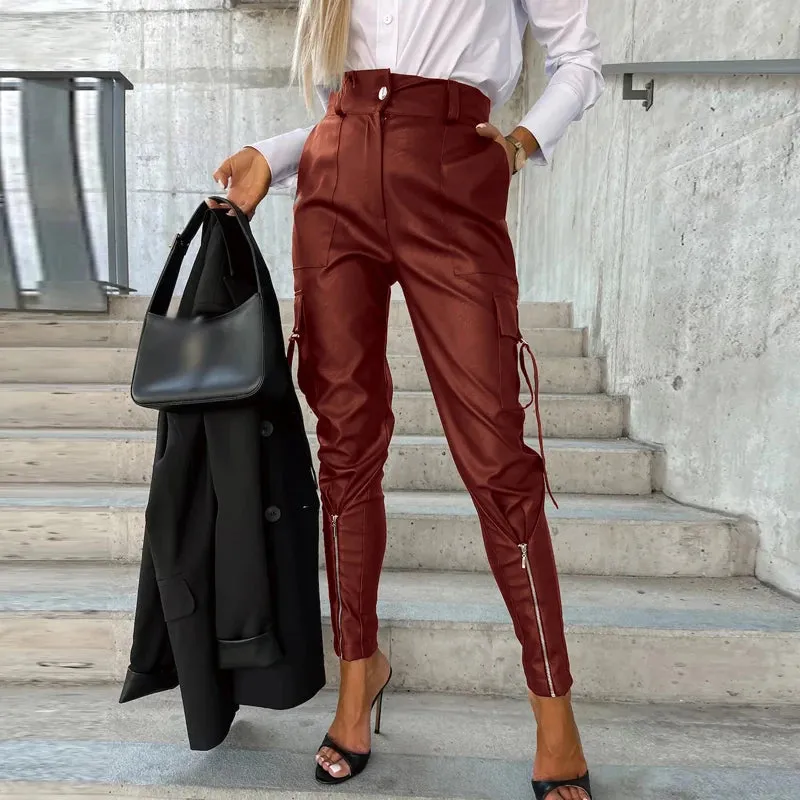 Chic Fashion Button PU Leather Pants Women Spring Bottoming Zip-up