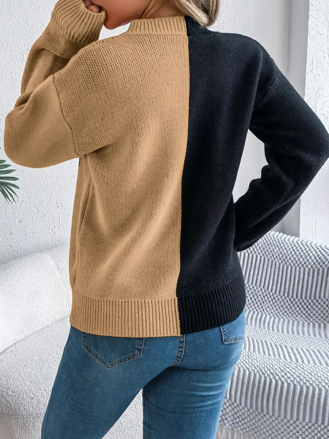 Contrast Round Neck Long Sleeve Sweater, Pumpkin