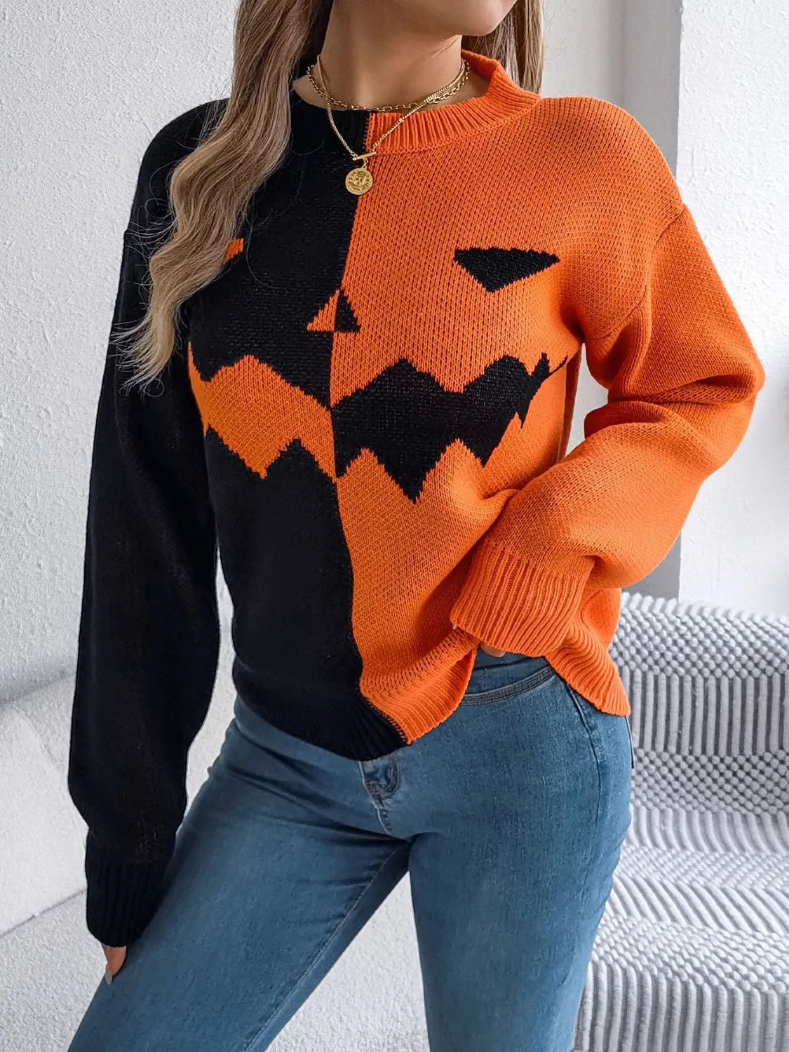 Contrast Round Neck Long Sleeve Sweater, Pumpkin