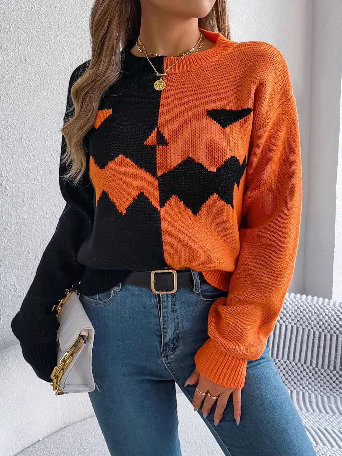 Contrast Round Neck Long Sleeve Sweater, Pumpkin