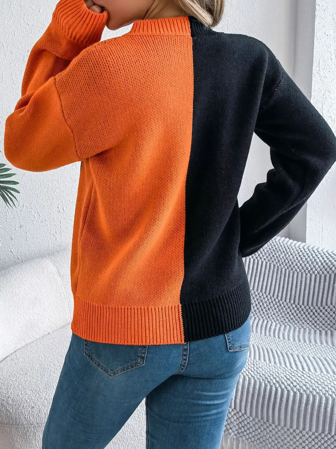 Contrast Round Neck Long Sleeve Sweater, Pumpkin