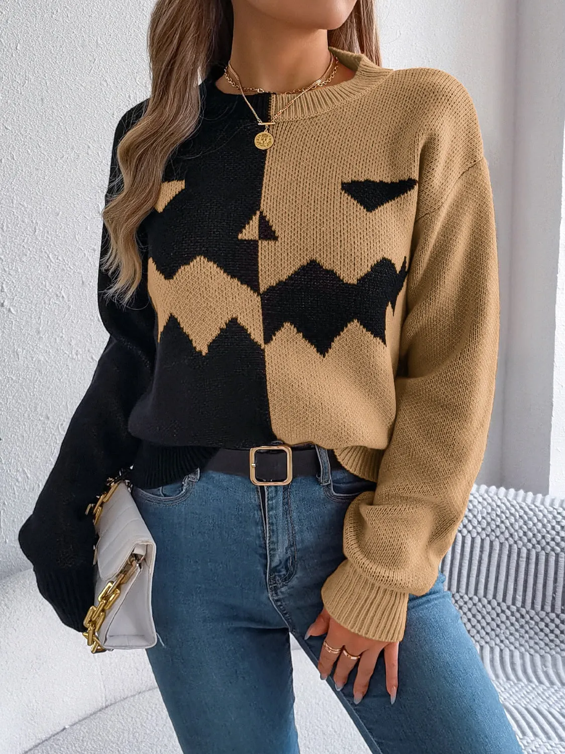 Contrast Round Neck Long Sleeve Sweater, Pumpkin