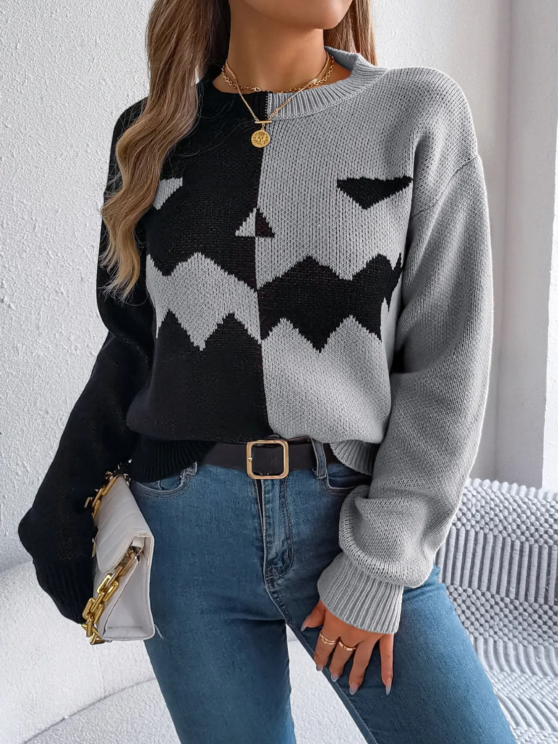 Contrast Round Neck Long Sleeve Sweater, Pumpkin