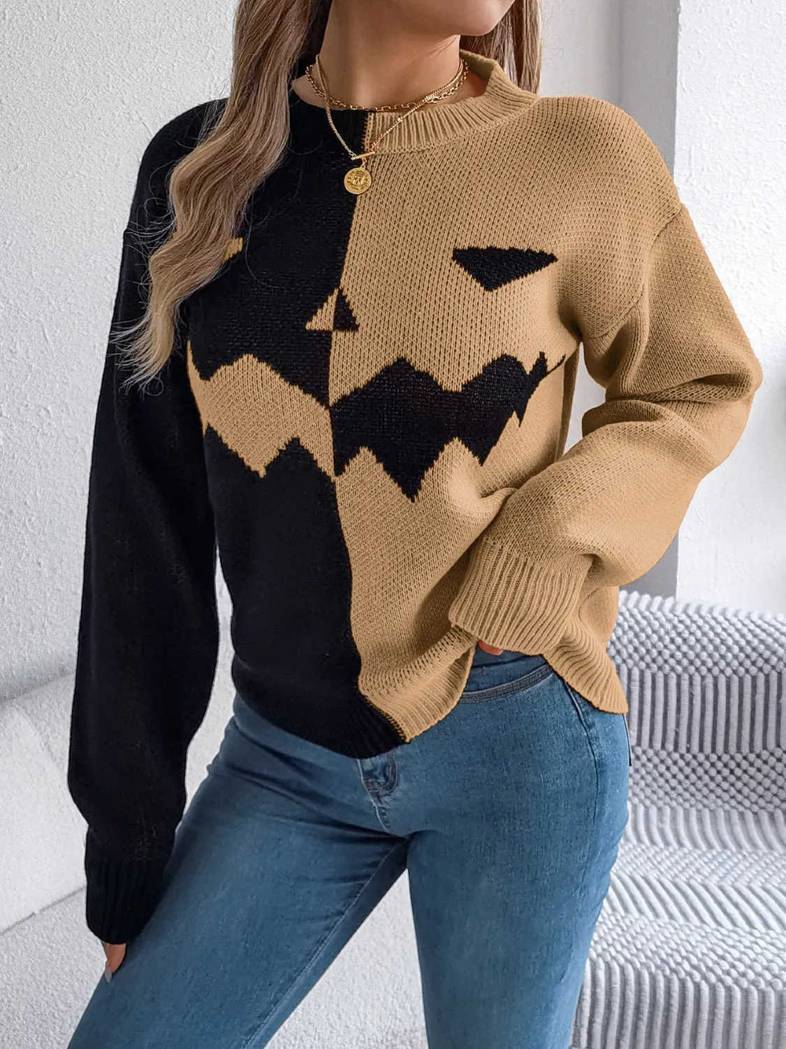 Contrast Round Neck Long Sleeve Sweater, Pumpkin