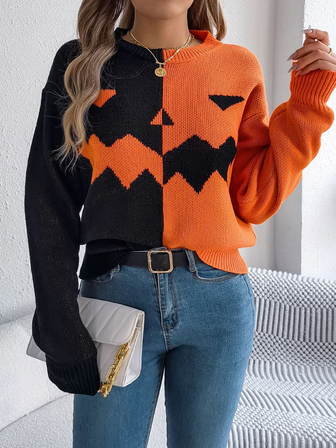 Contrast Round Neck Long Sleeve Sweater, Pumpkin