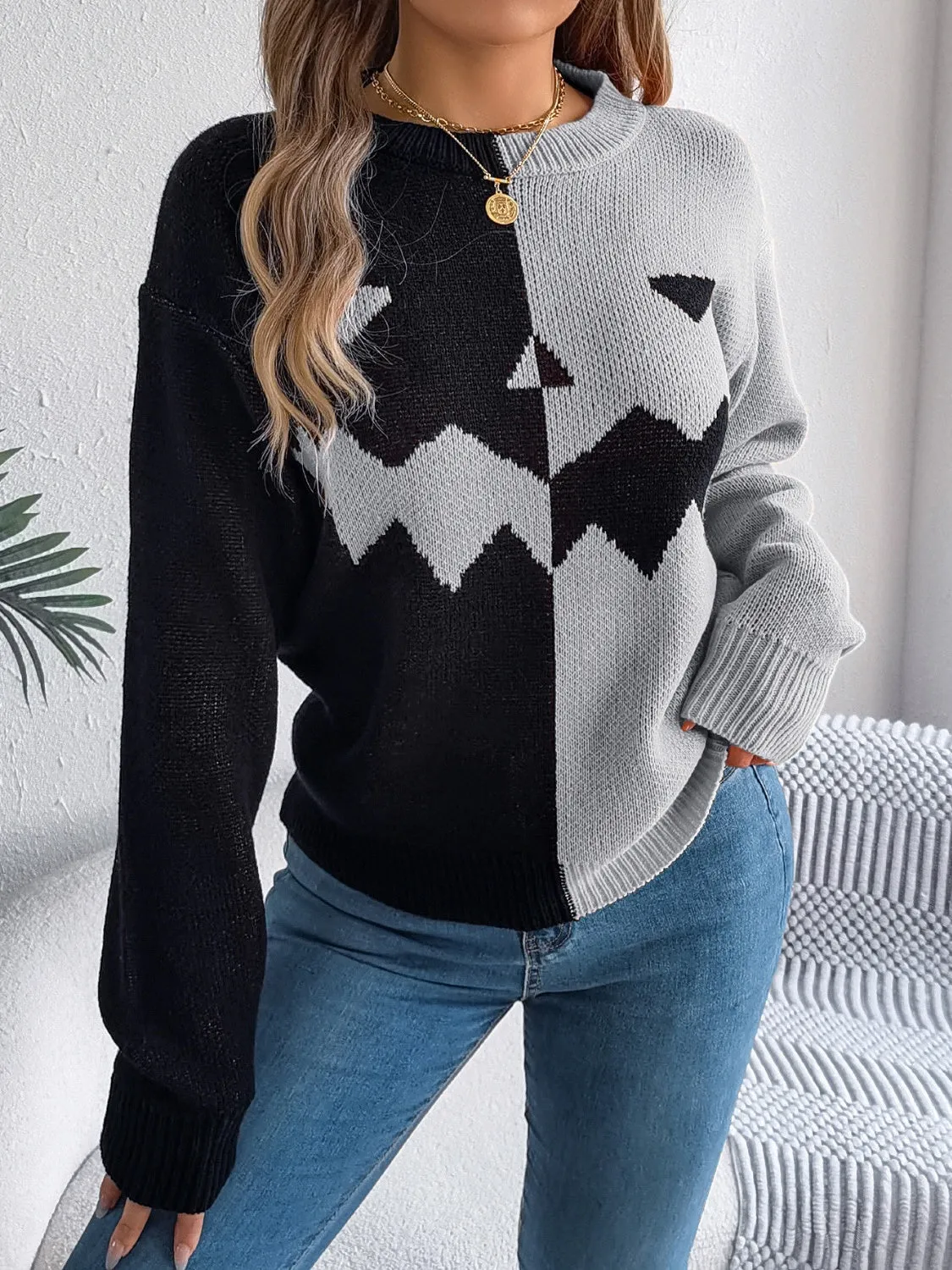 Contrast Round Neck Long Sleeve Sweater, Pumpkin