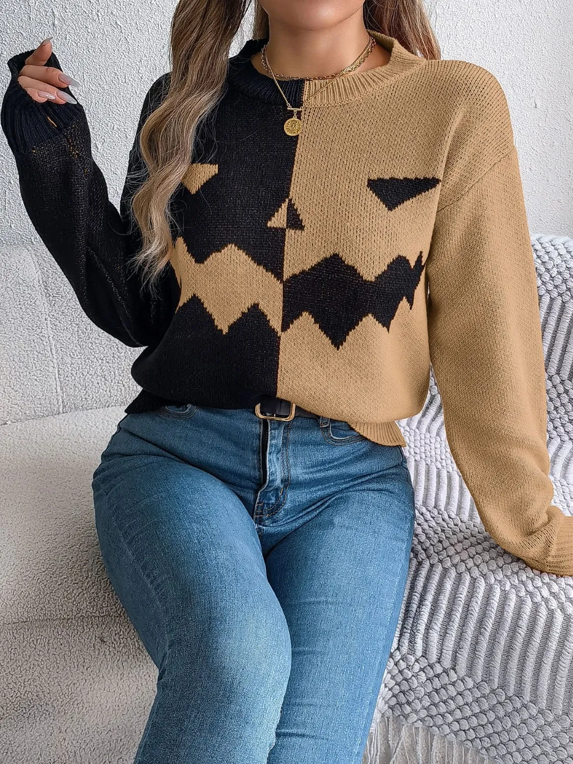 Contrast Round Neck Long Sleeve Sweater, Pumpkin