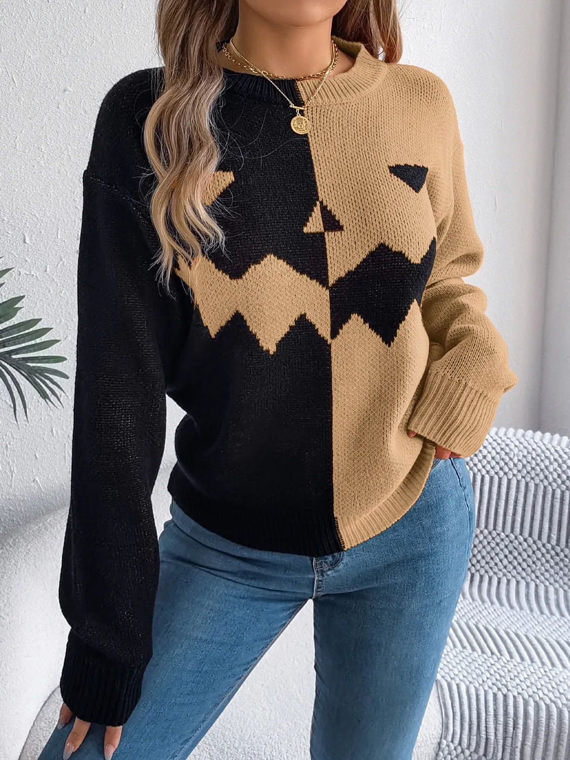 Contrast Round Neck Long Sleeve Sweater, Pumpkin