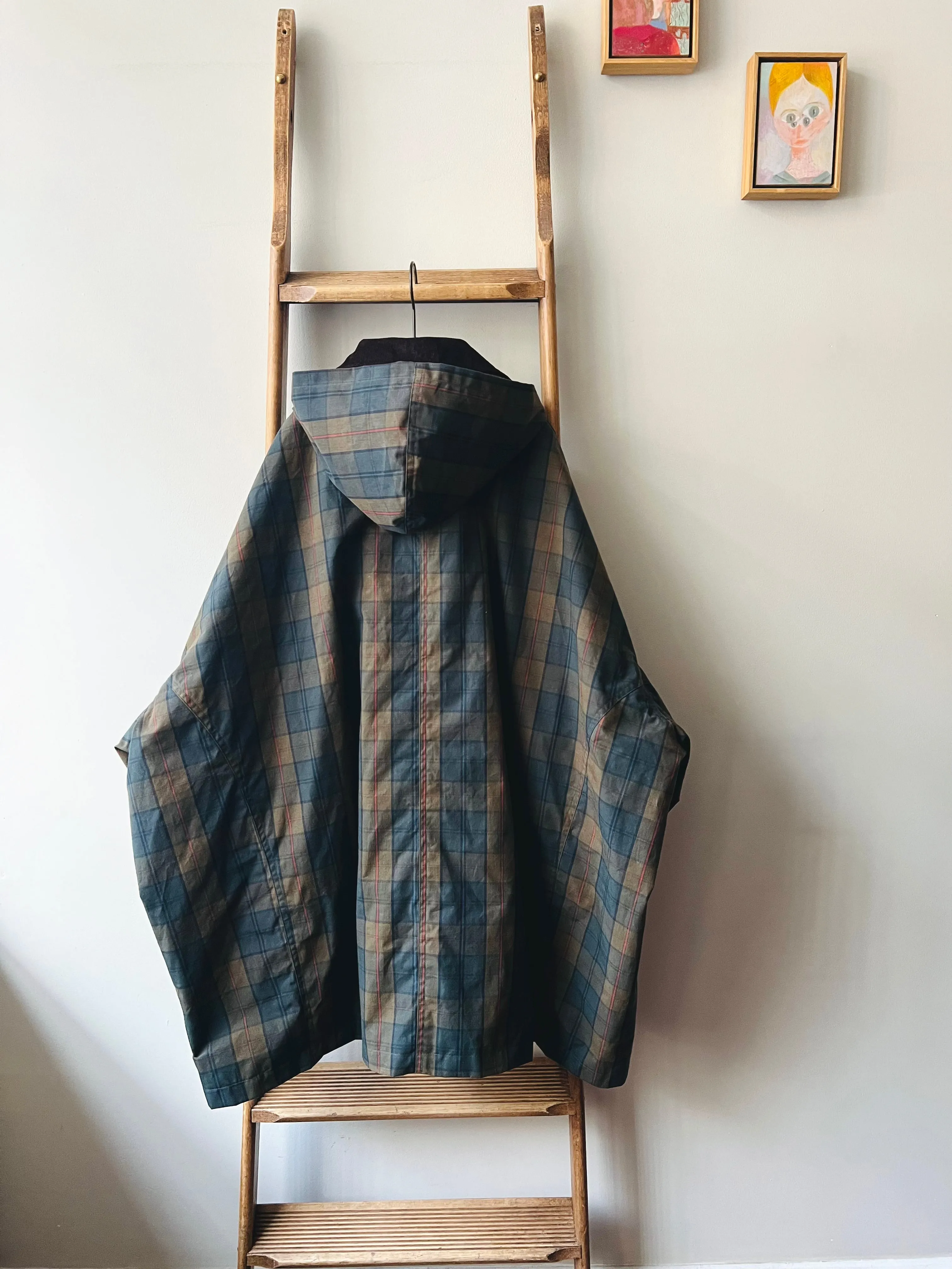 Cotton Wax Poncho Rain Coat / Dark Khaki Tartan