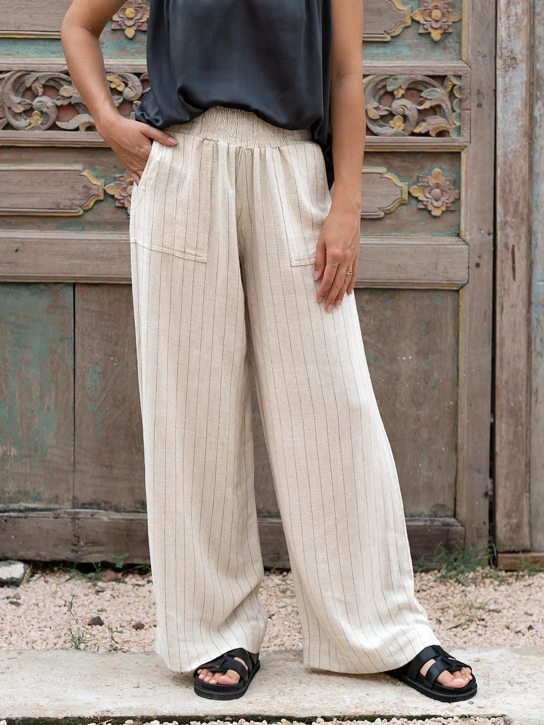 Del Mar Linen Blend Pants Black Pinstripe