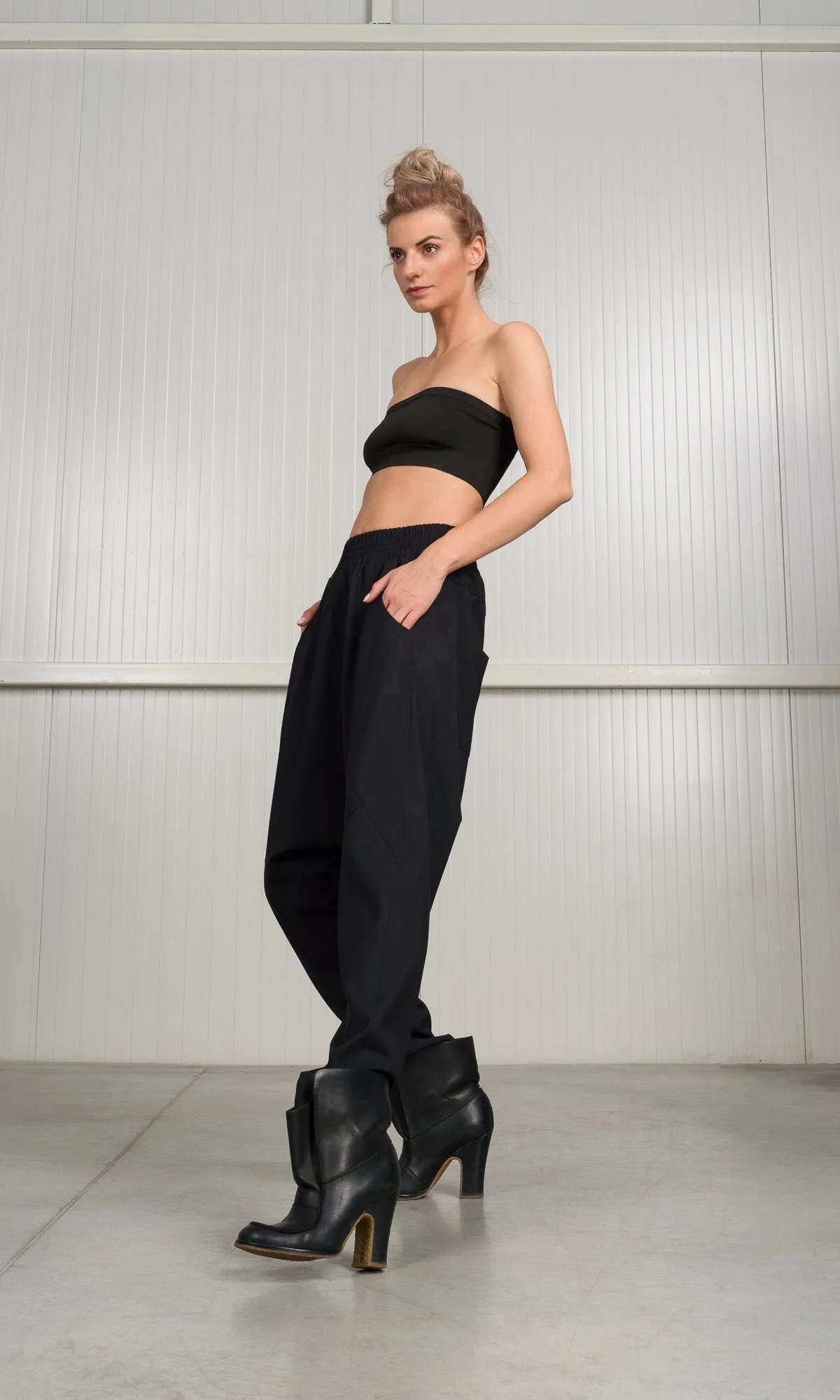 Drop Crotch Wool Pants with Seam Details