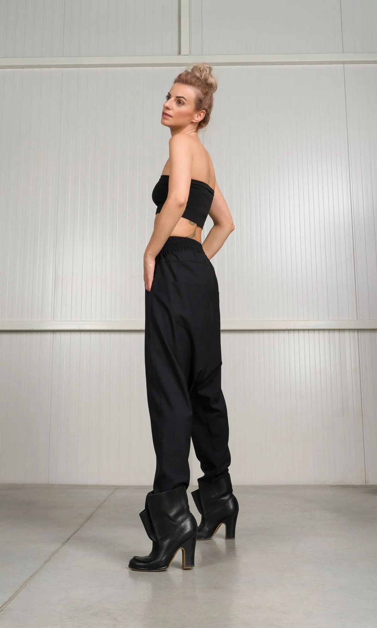 Drop Crotch Wool Pants with Seam Details