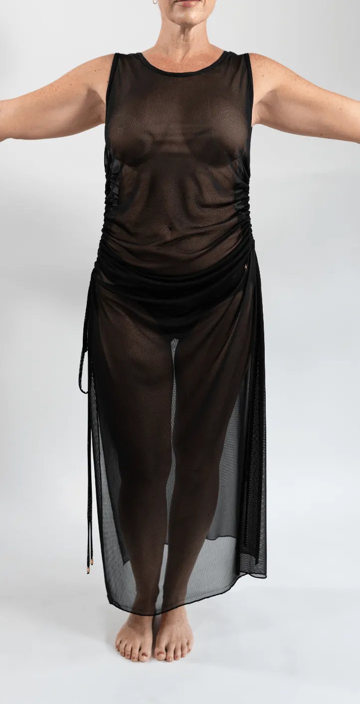 Duplicity Tulle Adjustable Draped Side Long Tunic Gown