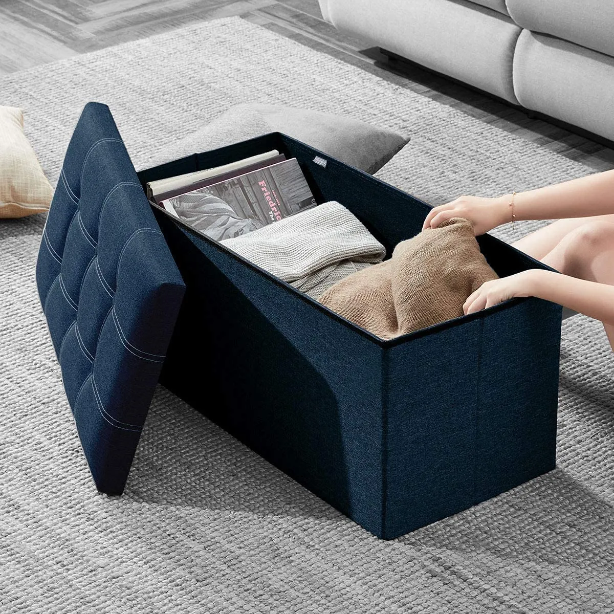 Fastunbox (Label) Luxury Furniture Square Foldable Storage Ottoman Coffee Cube Table Multipurpose Foot Rest Short Children Sofa Stool Bench Size (Xxx- Large (78 X 38 X 39 C.M.), Blue)