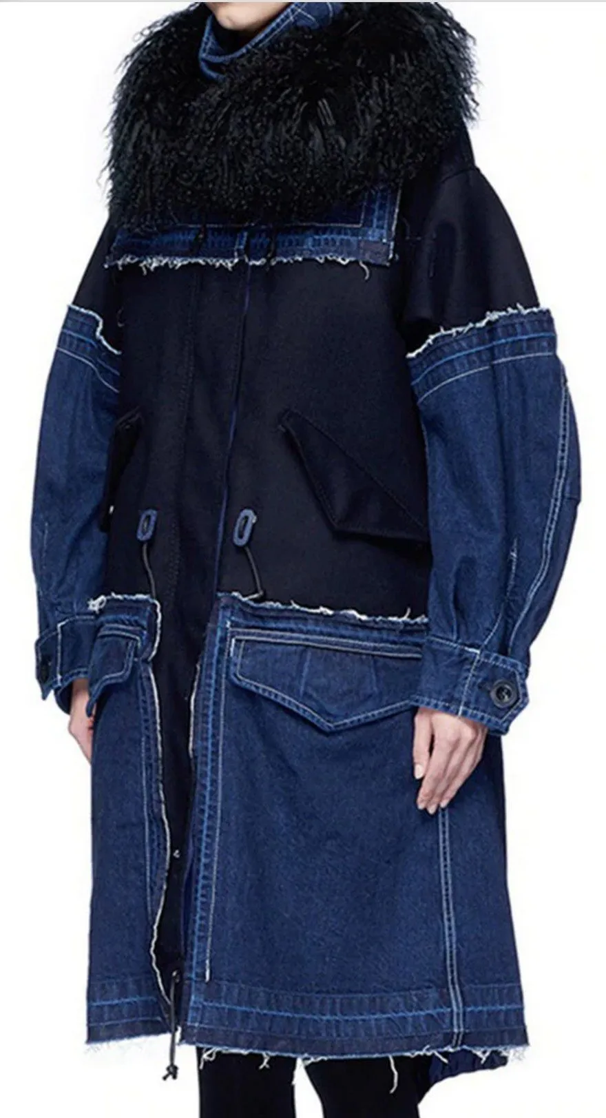 Frayed Denim-Patch Wool-Fur Collar Coat